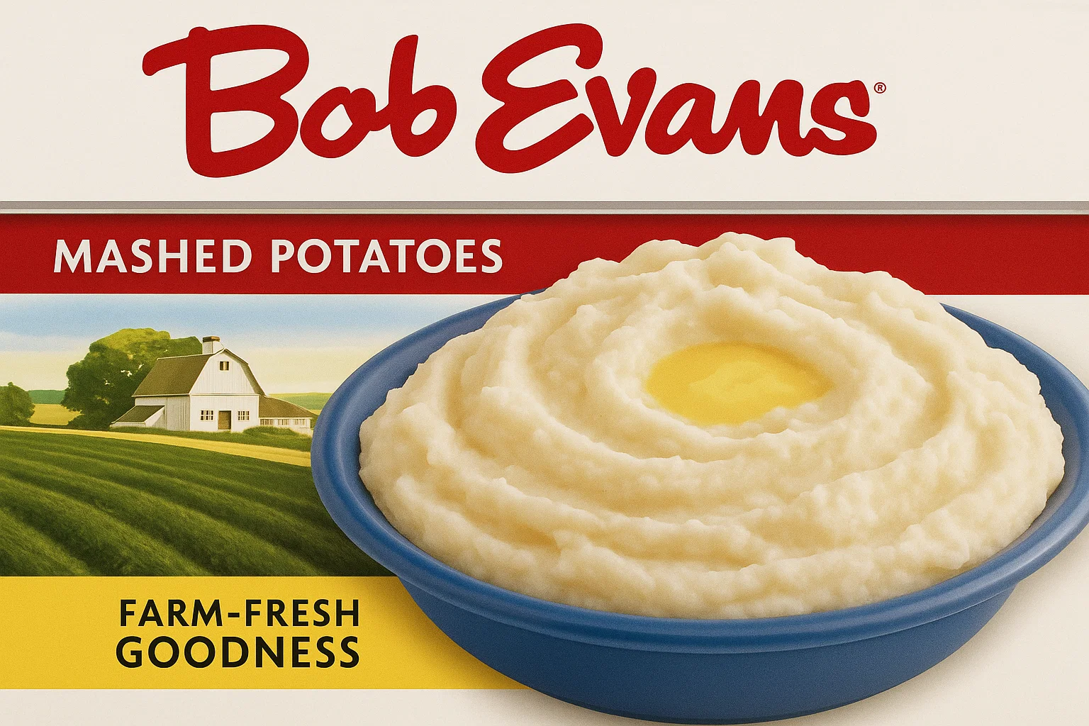 Bob Evans mashed potatoes in a rustic bowl on a kitchen counter