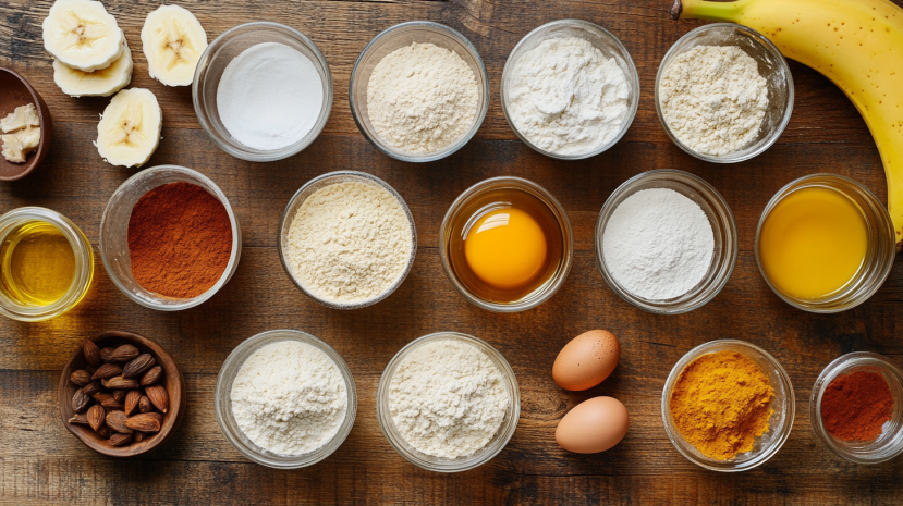 Ingredients for single-serve banana muffins in bowls