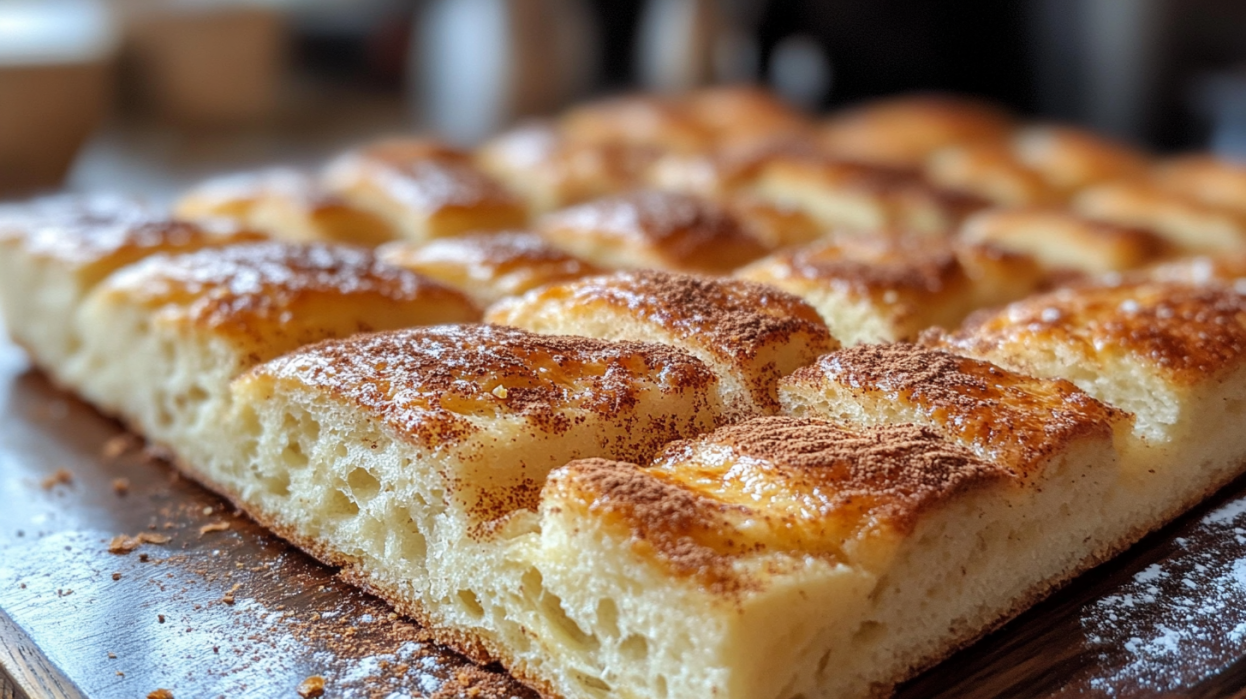 Cinnamon focaccia bread with cinnamon sugar topping and golden-brown crust.
