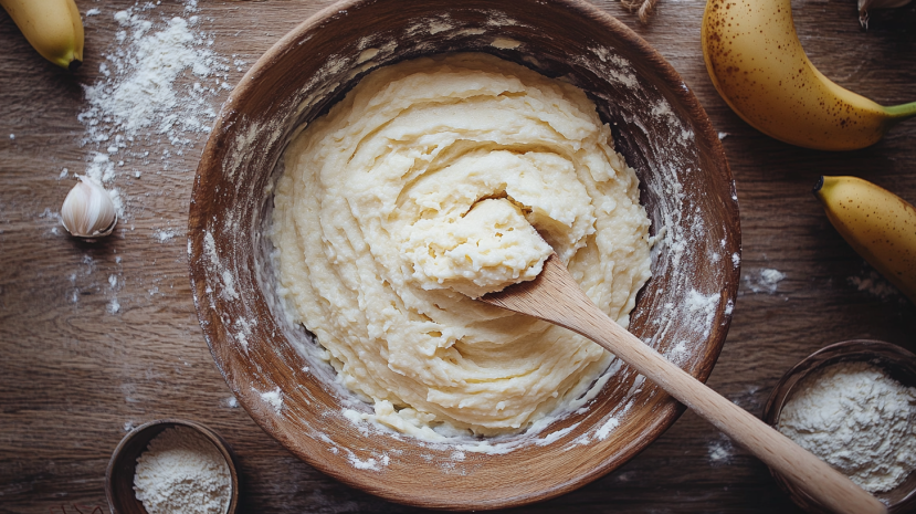 Mixing banana muffin batter with wooden spoon
