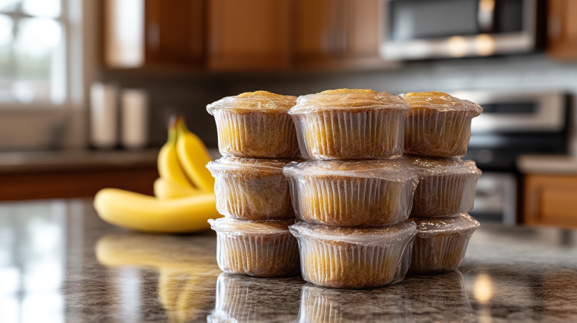 Wrapped banana muffins stored in a freezer bag