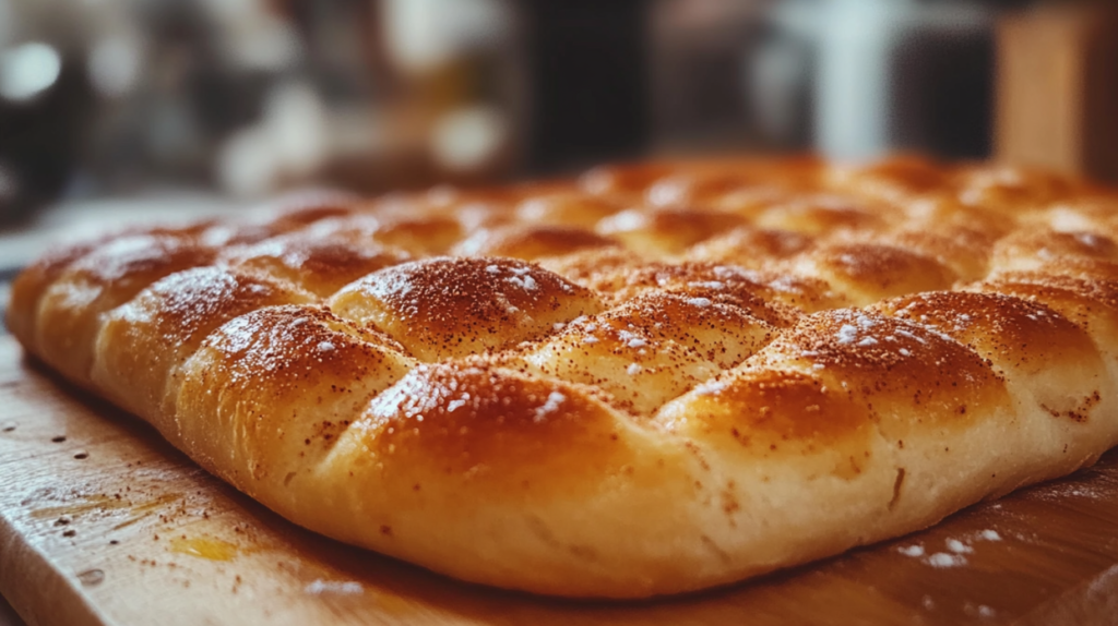 Rolling out cinnamon focaccia dough with cinnamon-sugar mixture.