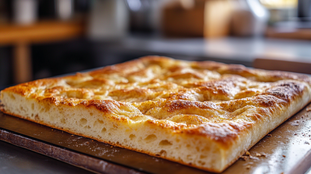 Cinnamon focaccia baking in the oven, golden and puffed up.